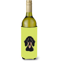 Checkerboard Lime Green Smooth Black Tan Dachshund Wine Bottle Beverage Insulator Hugger