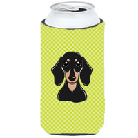 Checkerboard Lime Green Smooth Black and Tan Dachshund Tall Boy Beverage Insulator Hugger