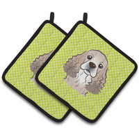 "Caroline's Treasures Checkerboard Lime green Cocker Spaniel Pair of Pot Holders BB1278PTHD, 7.5HX7.5W, Multicolor"