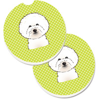 "Caroline's Treasures Checkerboard Lime green Bichon Frise Set of 2 Cup Holder Car Coasters BB1279CARC, 2.56, Multicolor"