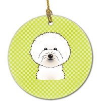 Checkerboard Lime Green Bichon Frise Ceramic Ornament BB1279CO1