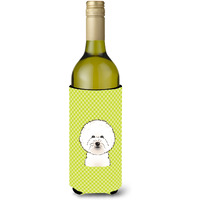 Checkerboard Lime Green Bichon Frise Wine Bottle Beverage Insulator Hugger BB1279LITERK