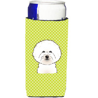 Checkerboard Lime Green Bichon Frise Ultra Beverage Insulators for slim cans