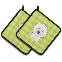 "Caroline's Treasures Checkerboard Lime green Bichon Frise Pair of Pot Holders BB1279PTHD, 7.5HX7.5W, Multicolor"