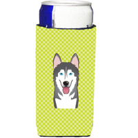 Checkerboard Lime Green Alaskan Malamute Ultra Beverage Insulators for slim cans