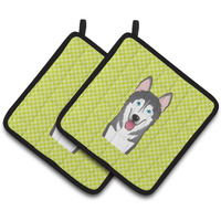 "Caroline's Treasures Checkerboard Lime green Alaskan Malamute Pair of Pot Holders BB1280PTHD, 7.5HX7.5W, Multicolor"