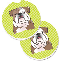 "Caroline's Treasures Checkerboard Lime green English Bulldog Set of 2 Cup Holder Car Coasters BB1281CARC, 2.56, Multicolor"