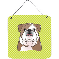 "Caroline's Treasures Checkerboard Lime Green English Bulldog Wall or Door Hanging Prints, 6 x 6"""