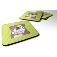 "Caroline's Treasures BB1281FC Checkerboard Lime Green English Bulldog Foam Coaster (Set of 4), 3.5"" H x 3.5"" W, Multicolor"