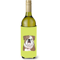 Checkerboard Lime Green English Bulldog  Wine Bottle Beverage Insulator Hugger BB1281LITERK
