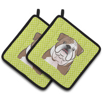 "Caroline's Treasures Checkerboard Lime green English Bulldog Pair of Pot Holders BB1281PTHD, 7.5HX7.5W, Multicolor"