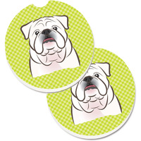 "Caroline's Treasures Checkerboard Lime green White English Bulldog Set of 2 Cup Holder Car Coasters BB1282CARC, 2.56, Multicolor"