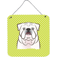 "Caroline's Treasures Checkerboard Lime Green White English Bulldog Wall or Door Hanging Prints, 6 x 6"""