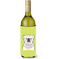 Checkerboard Lime Green White English Bulldog  Wine Bottle Beverage Insulator Hugger