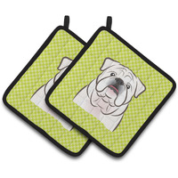 "Caroline's Treasures Checkerboard Lime green White English Bulldog Pair of Pot Holders BB1282PTHD, 7.5HX7.5W, Multicolor"