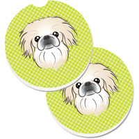 "Caroline's Treasures Checkerboard Lime green Pekingese Set of 2 Cup Holder Car Coasters BB1283CARC, 2.56, Multicolor"