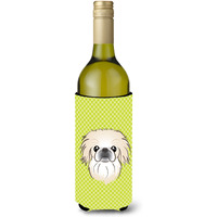 Checkerboard Lime Green Pekingese Wine Bottle Beverage Insulator Hugger BB1283LITERK