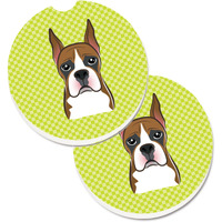 "Caroline's Treasures Checkerboard Lime green Boxer Set of 2 Cup Holder Car Coasters BB1285CARC, 2.56, Multicolor"