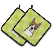 "Caroline's Treasures Checkerboard Lime green Boxer Pair of Pot Holders BB1285PTHD, 7.5HX7.5W, Multicolor"