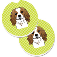 "Caroline's Treasures Checkerboard Lime green Cavalier Spaniel Set of 2 Cup Holder Car Coasters BB1286CARC, 2.56, Multicolor"
