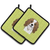 "Caroline's Treasures Checkerboard Lime green Cavalier Spaniel Pair of Pot Holders BB1286PTHD, 7.5HX7.5W, Multicolor"