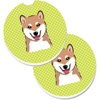 "Caroline's Treasures Checkerboard Lime green Shiba Inu Set of 2 Cup Holder Car Coasters BB1287CARC, 2.56, Multicolor"