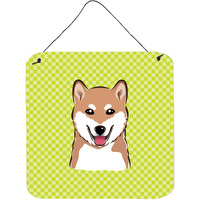 "Caroline's Treasures Checkerboard Lime Green Shiba Inu Wall or Door Hanging Prints, 6 x 6"""