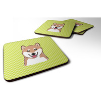 "Caroline's Treasures BB1287FC Checkerboard Lime Green Shiba Inu Foam Coaster (Set of 4), 3.5"" H x 3.5"" W, Multicolor"