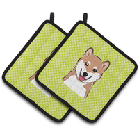 "Caroline's Treasures Checkerboard Lime green Shiba Inu Pair of Pot Holders BB1287PTHD, 7.5HX7.5W, Multicolor"