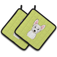 "Caroline's Treasures Checkerboard Lime green Westie Pair of Pot Holders BB1288PTHD, 7.5HX7.5W, Multicolor"