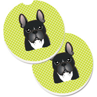 "Caroline's Treasures Checkerboard Lime green French Bulldog Set of 2 Cup Holder Car Coasters BB1289CARC, 2.56, Multicolor"