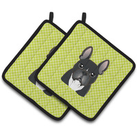 "Caroline's Treasures Checkerboard Lime green French Bulldog Pair of Pot Holders BB1289PTHD, 7.5HX7.5W, Multicolor"