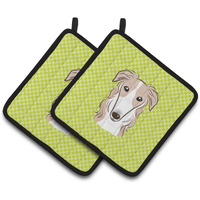 "Caroline's Treasures Checkerboard Lime green Borzoi Pair of Pot Holders BB1290PTHD, 7.5HX7.5W, Multicolor"