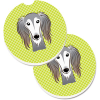 "Caroline's Treasures Checkerboard Lime green Saluki Set of 2 Cup Holder Car Coasters BB1291CARC, 2.56, Multicolor"