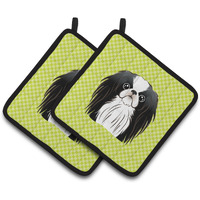 "Caroline's Treasures Checkerboard Lime green Japanese Chin Pair of Pot Holders BB1292PTHD, 7.5HX7.5W, Multicolor"