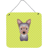"Caroline's Treasures Checkerboard Lime Green Yorkie Puppy Wall or Door Hanging Prints, 6 x 6"""
