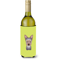 Checkerboard Lime Green Yorkie Puppy Wine Bottle Beverage Insulator Hugger BB1294LITERK