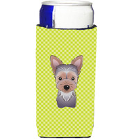 Checkerboard Lime Green Yorkie Puppy Ultra Beverage Insulators for slim cans