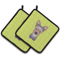 "Caroline's Treasures Checkerboard Lime green Yorkie Puppy Pair of Pot Holders BB1294PTHD, 7.5HX7.5W, Multicolor"