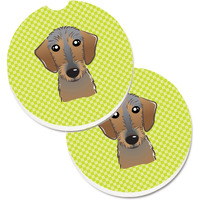 "Caroline's Treasures Checkerboard Lime green Wirehaired Dachshund Set of 2 Cup Holder Car Coasters BB1295CARC, 2.56, Multicolor"