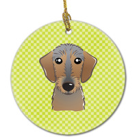 Checkerboard Lime Green Wirehaired Dachshund Ceramic Ornament BB1295CO1