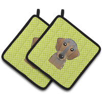 "Caroline's Treasures Checkerboard Lime green Wirehaired Dachshund Pair of Pot Holders BB1295PTHD, 7.5HX7.5W, Multicolor"