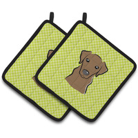 "Caroline's Treasures Checkerboard Lime green Chocolate Labrador Pair of Pot Holders BB1296PTHD, 7.5HX7.5W, Multicolor"