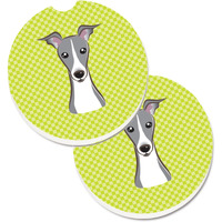 "Caroline's Treasures Checkerboard Lime green Italian Greyhound Set of 2 Cup Holder Car Coasters BB1298CARC, 2.56, Multicolor"