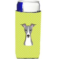 Checkerboard Lime Green Italian Greyhound Ultra Beverage Insulators for slim cans