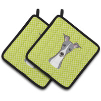 "Caroline's Treasures Checkerboard Lime green Italian Greyhound Pair of Pot Holders BB1298PTHD, 7.5HX7.5W, Multicolor"
