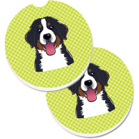"Caroline's Treasures Checkerboard Lime green Bernese Mountain Dog Set of 2 Cup Holder Car Coasters BB1299CARC, 2.56, Multicolor"