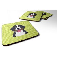 "Caroline's Treasures BB1299FC Checkerboard Lime Green Bernese Mountain Dog Foam Coaster (Set of 4), 3.5"" H x 3.5"" W, Multicolor"