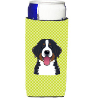 Checkerboard Lime Green Bernese Mountain Dog Ultra Beverage Insulators slim cans