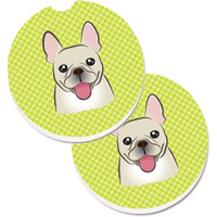 "Caroline's Treasures Checkerboard Lime green French Bulldog Set of 2 Cup Holder Car Coasters BB1300CARC, 2.56, Multicolor"